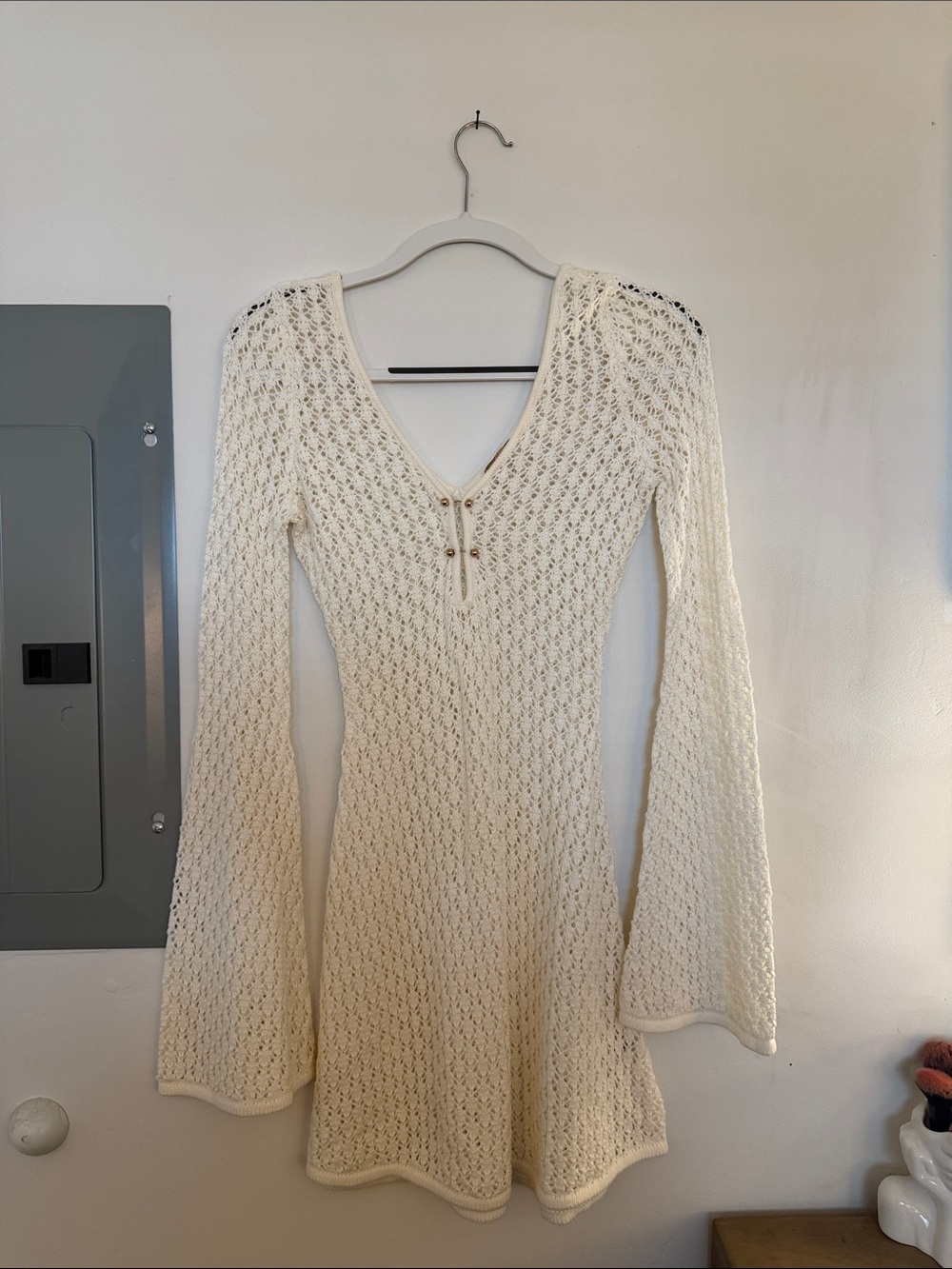 Cream Knit V-Neck Long Sleeve Dress, Meshki